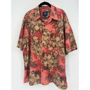 Caribbean Joe Mens XL Silk Hawaiian Shirt Coral Red Tropical Hibiscus Floral